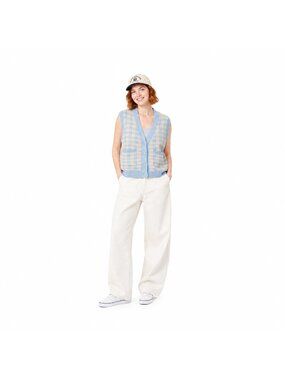 2/$30 ZARA Size Small Light Blue & Cream Gingham Knit Cardigan Vest S Polyester